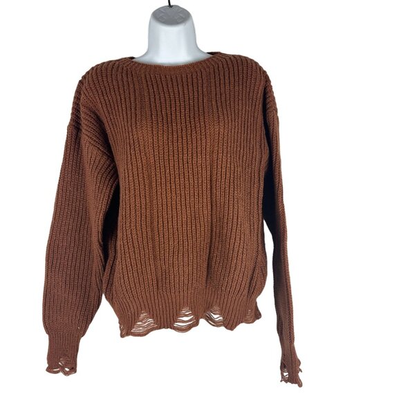Distressed Brown Ribbed Womens Knit Sweater Size S - Picture 1 of 5